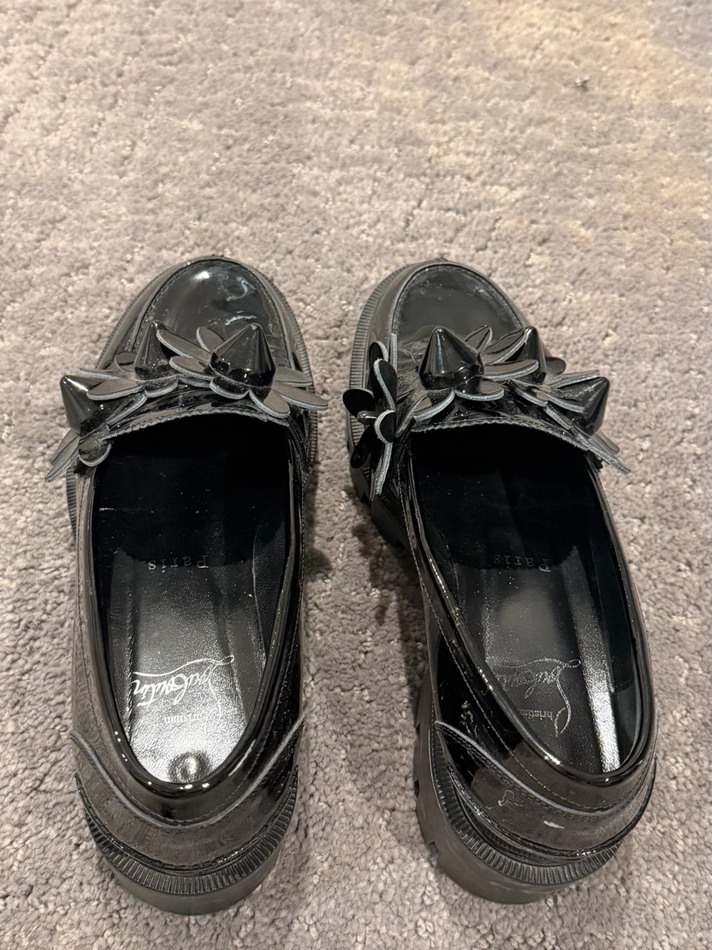 Christian Louboutin Black Patent Floral-Embellished Loafers